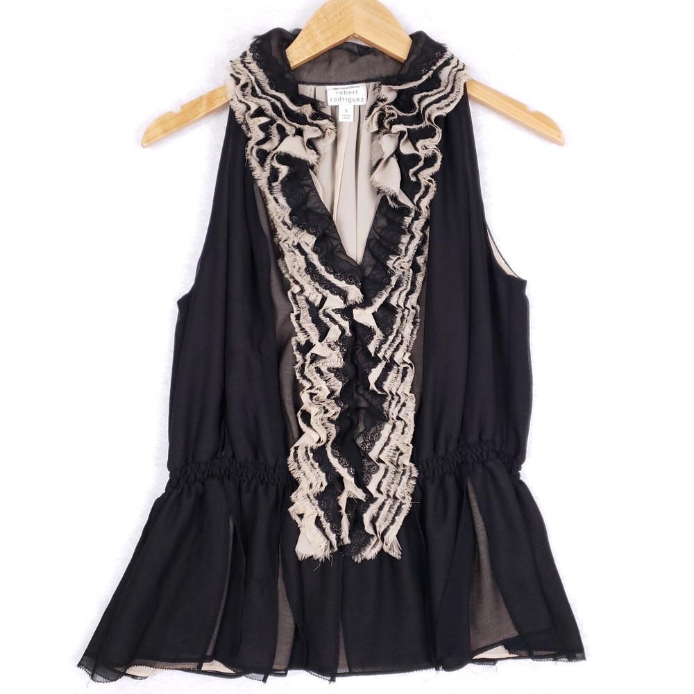 Robert Rodriguez Blouse Ruffle Peplum Sleeveless Small Black Romantic Revival